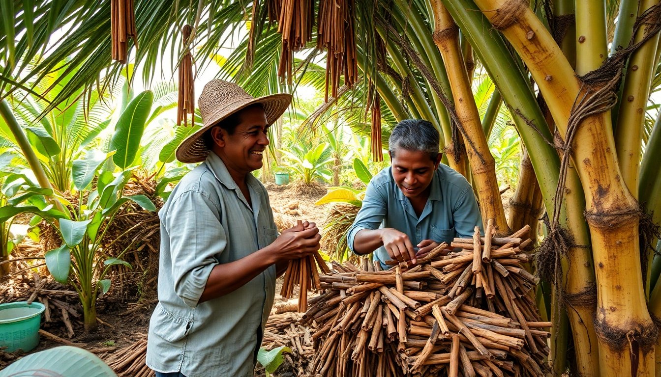 Proceso de recolección de canela en plantaciones