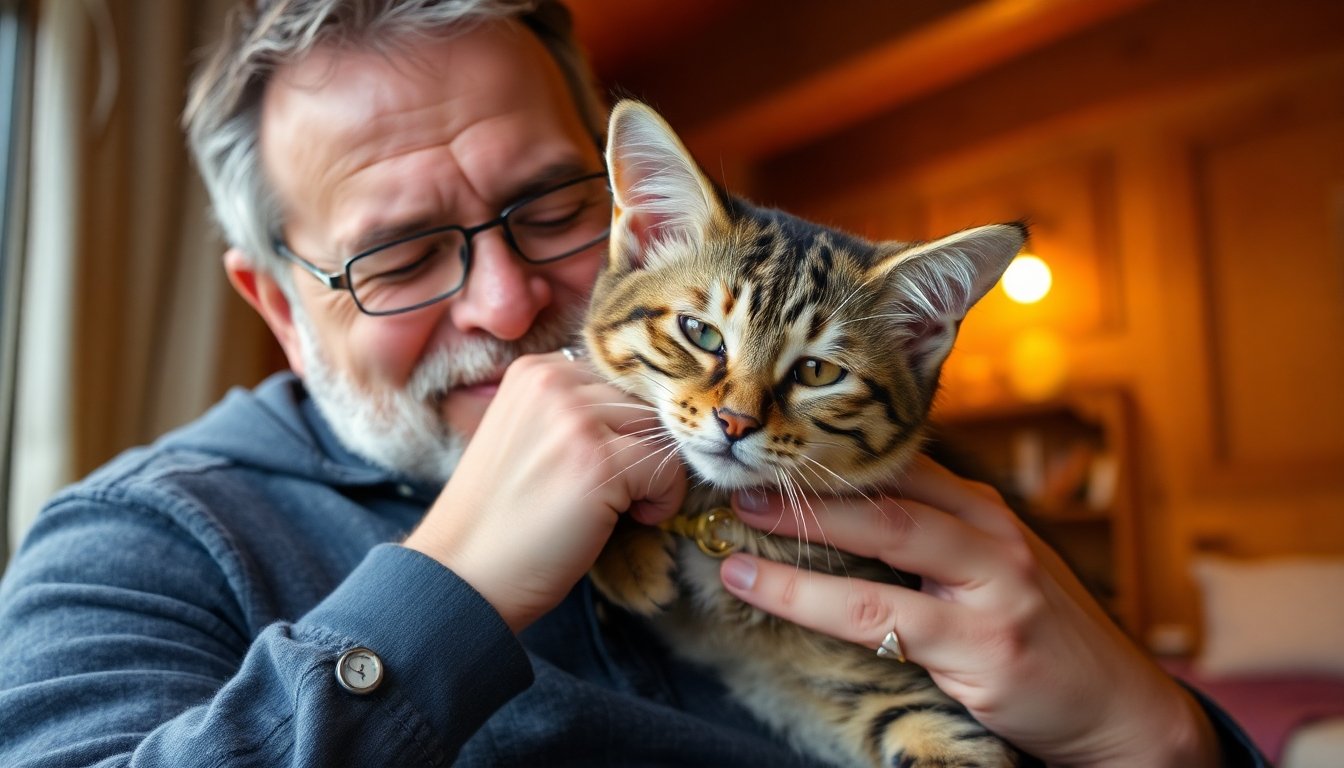 Propietario acariciando a su gato savannah