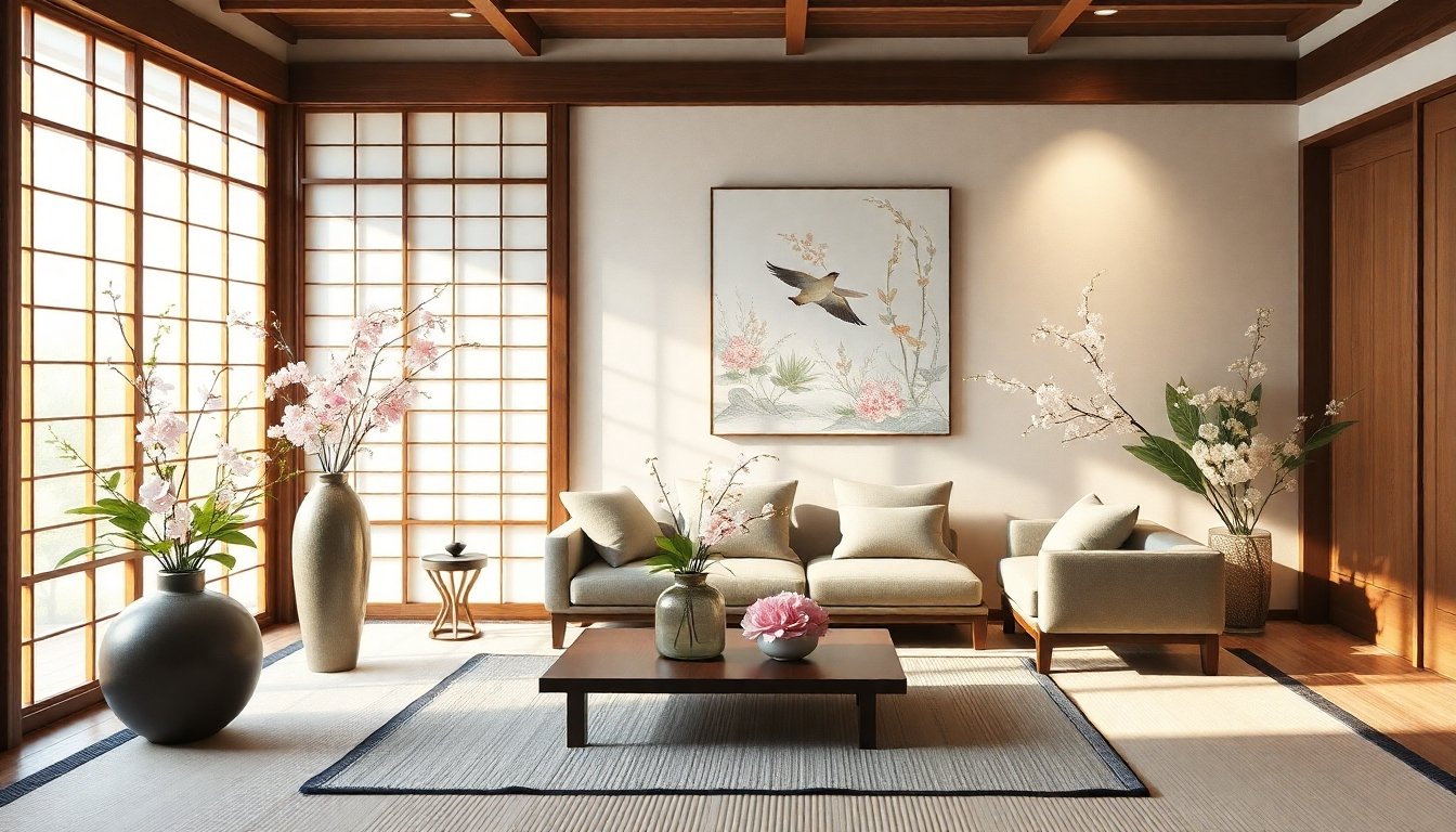 Sala de estar con arreglos de flores japonesas
