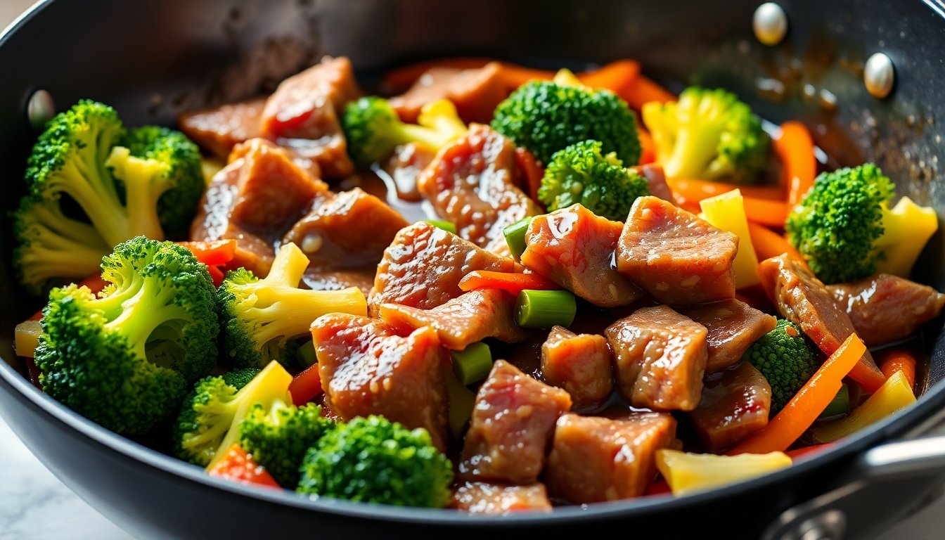 Salteado de brócoli con carne y salsa de soja