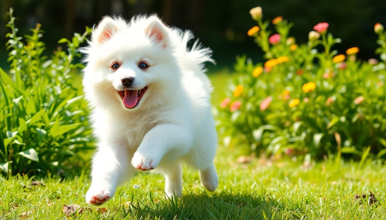 Samoyedo cachorro jugando en el jardín
