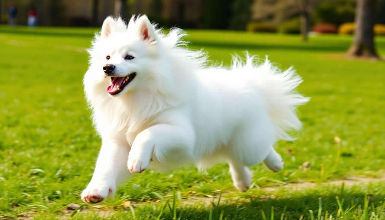 Samoyedo corriendo en un parque