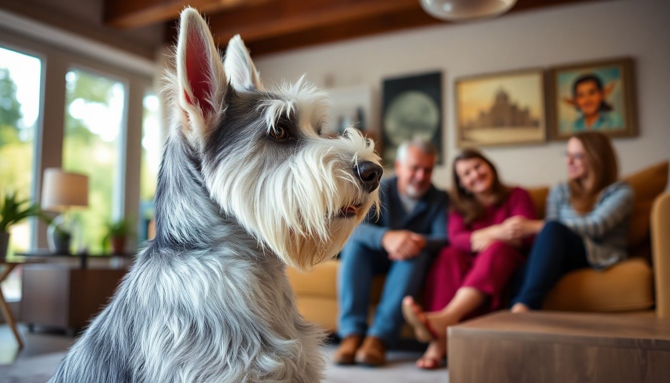 Schnauzer blanco cuidando a su familia