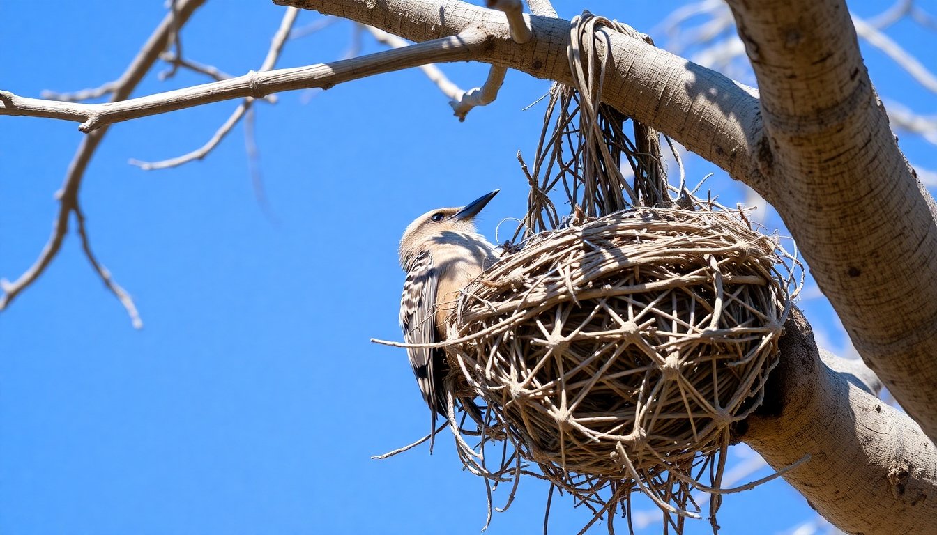 Sociable Weaver construyendo su nido en Namibia