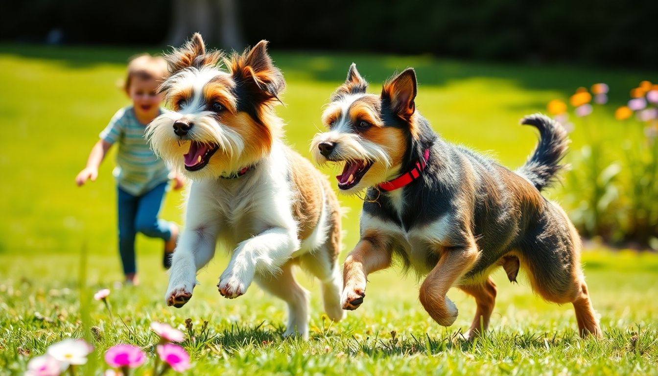 Terrier jugando en el jardín con niños