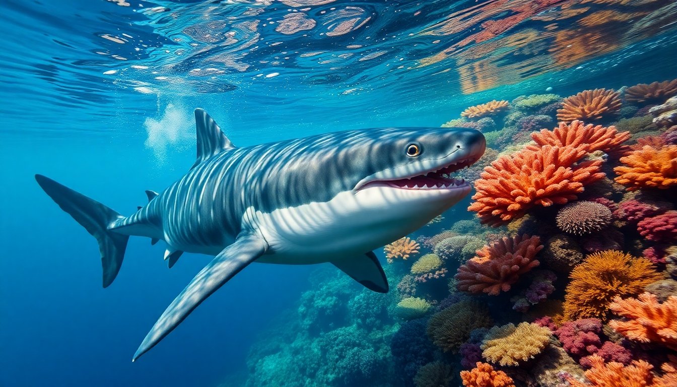 Tiburón nadando cerca de corales