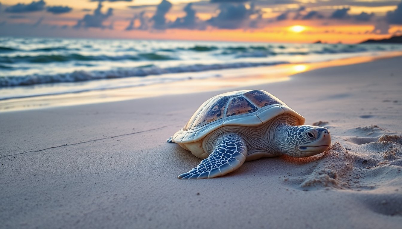 Tortuga albina en una playa protegida