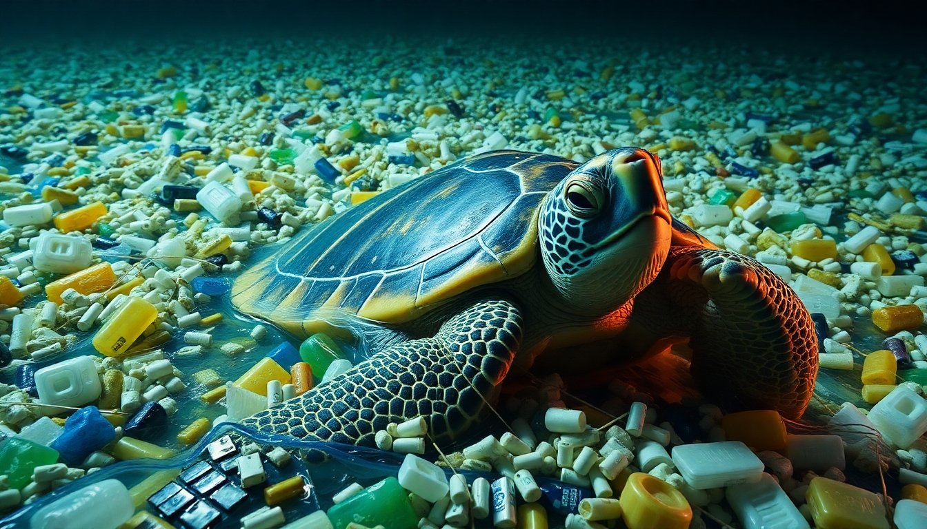 Tortuga atrapada en residuos plásticos