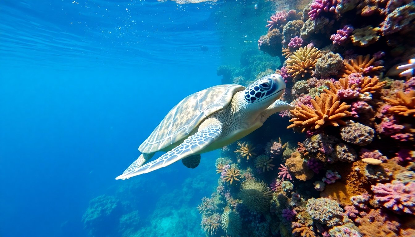 tortuga carey nadando entre corales