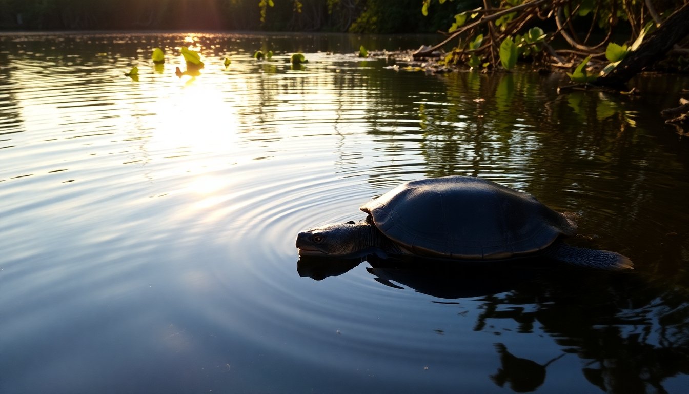 Tortuga charapa descansando en la orilla del río