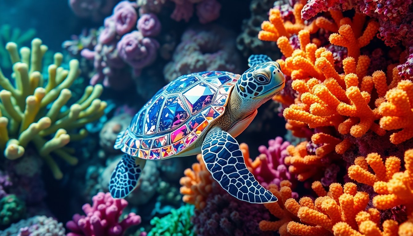 Tortuga diamante nadando entre corales