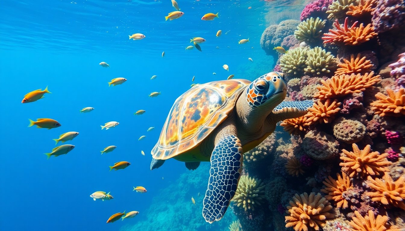 Tortuga Diego Darwin nadando cerca de un arrecife de coral
