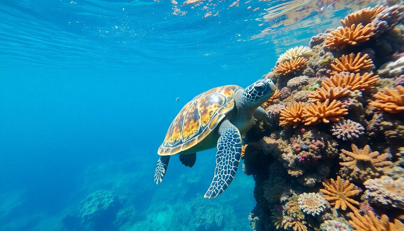 Tortuga egipcia nadando cerca de un arrecife de coral