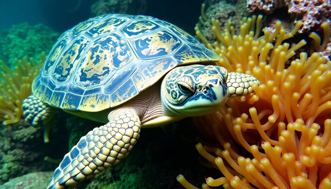 Tortuga Hicotea alimentándose de algas