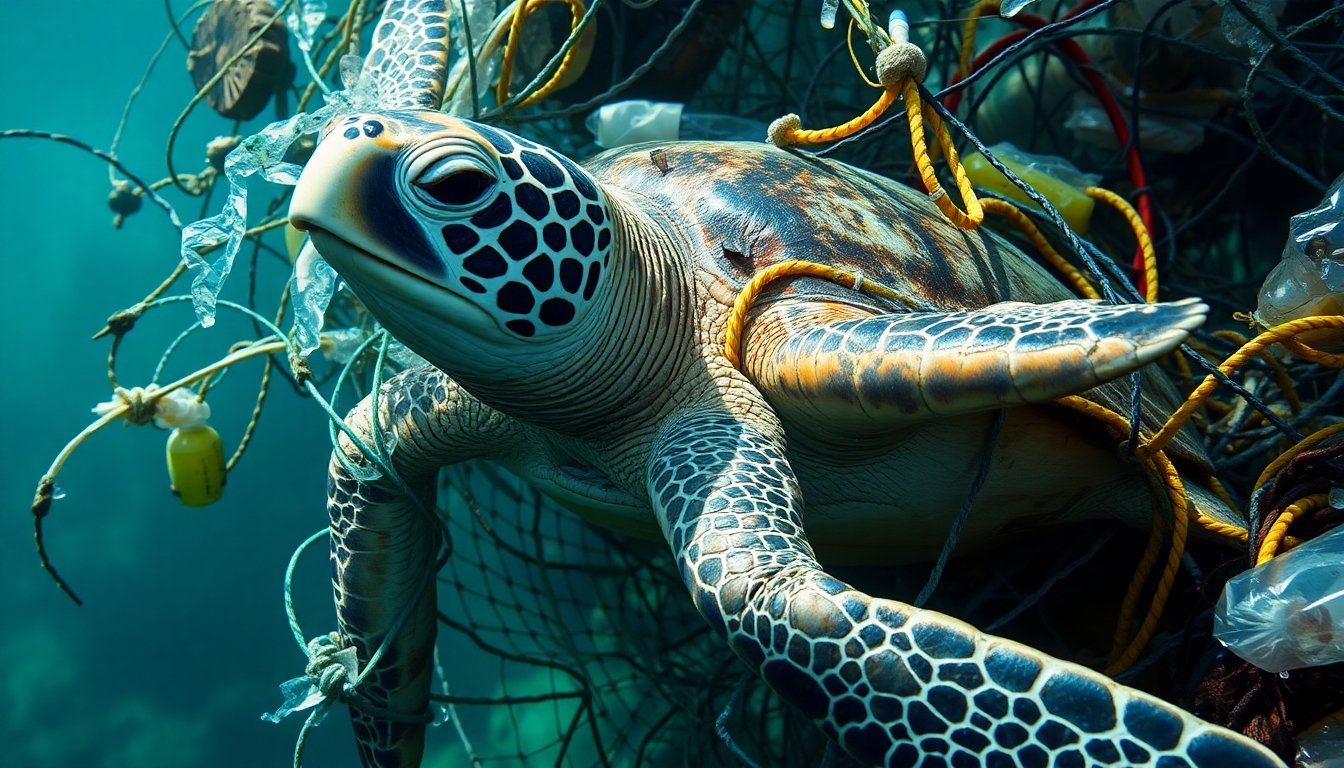 Tortuga marina atrapada en red de plástico