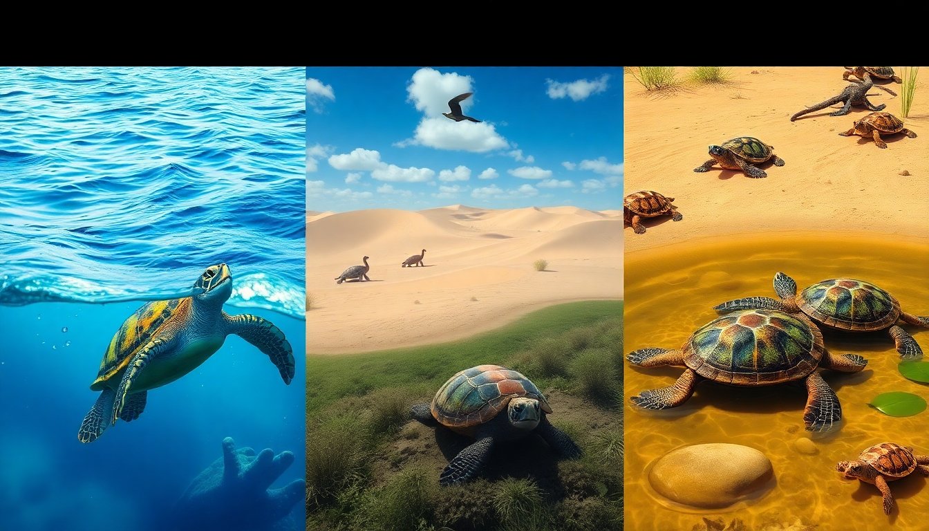 Tortugas de diferentes especies en su hábitat natural