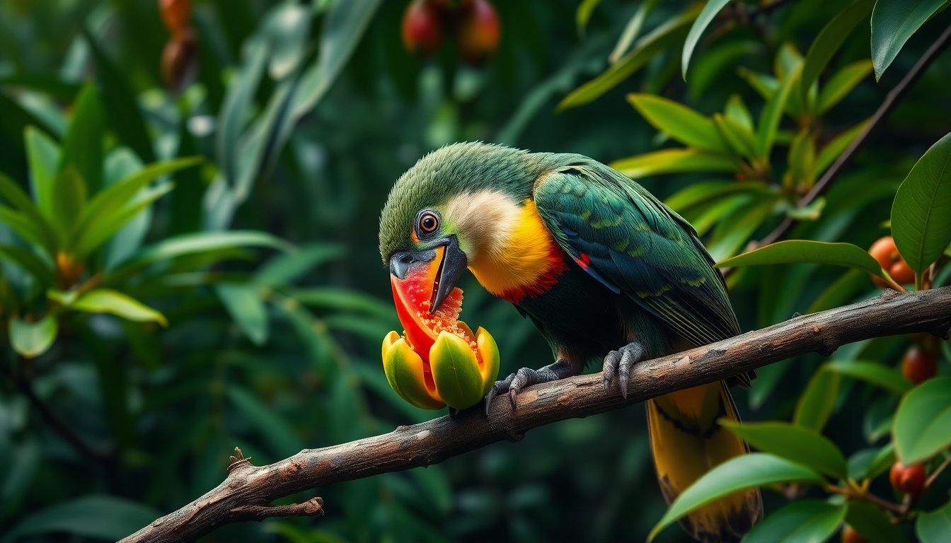 Tucán en una rama con frutas