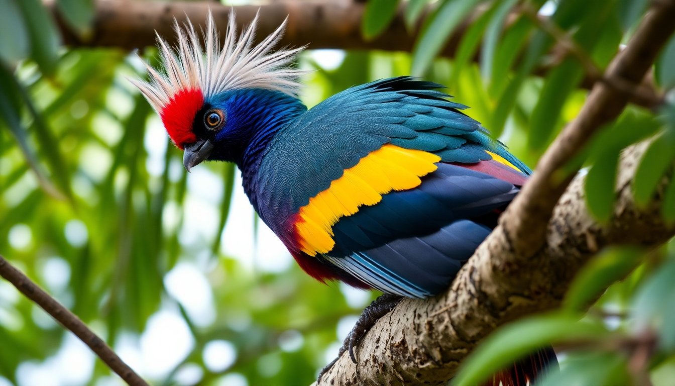 Turaco ruandés posado en un árbol