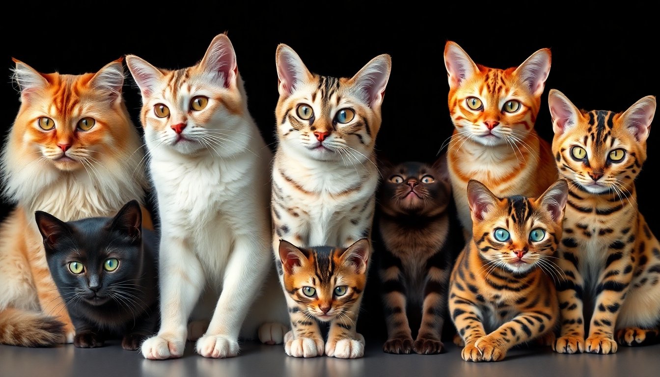 varias razas de gatos mostrando diferentes tamaños y pelajes