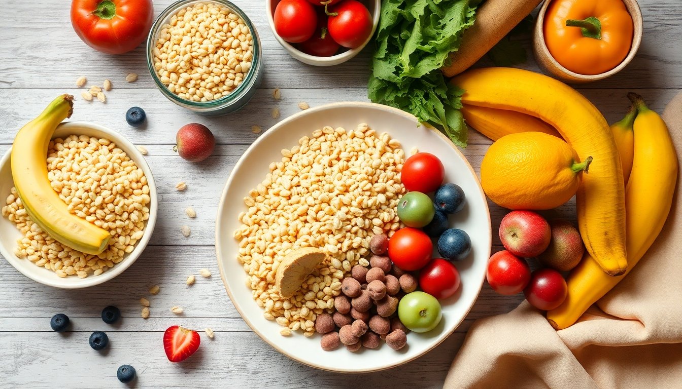 Variedad de alimentos ricos en fibra y carbohidratos