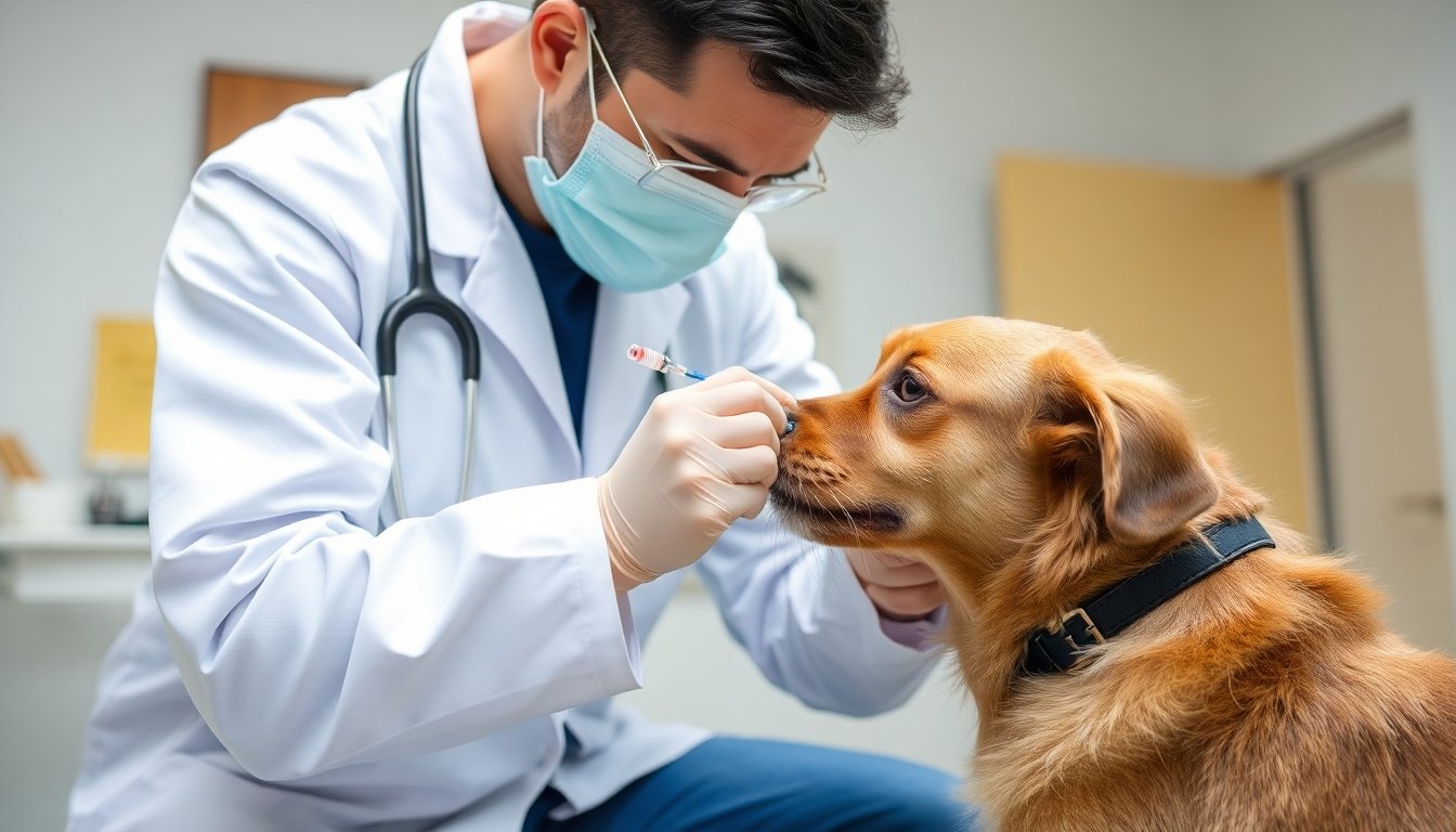 Veterinario administrando vacuna a un perro