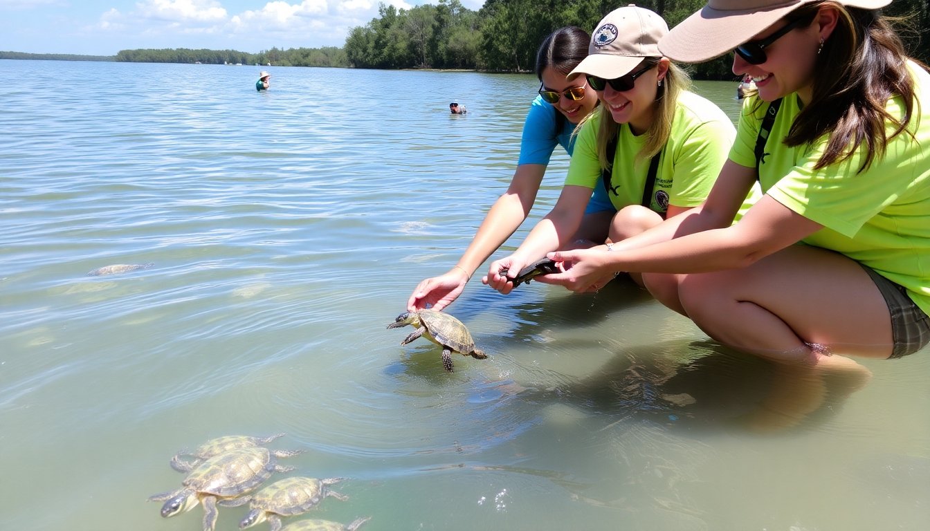 Voluntarios liberando tortugas oreja roja en Florida