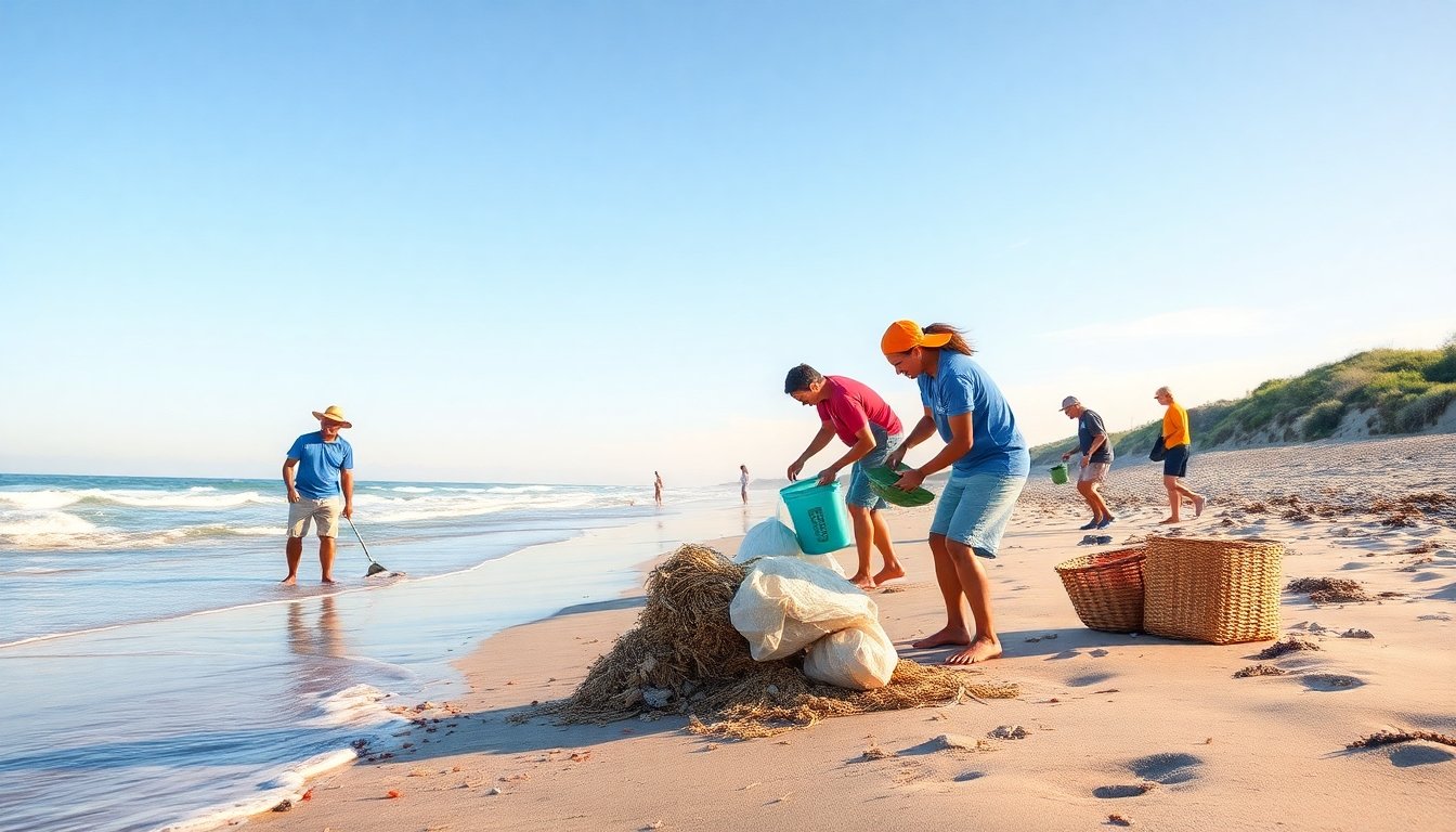 Voluntarios limpiando una playa para proteger la tortuga egipcia