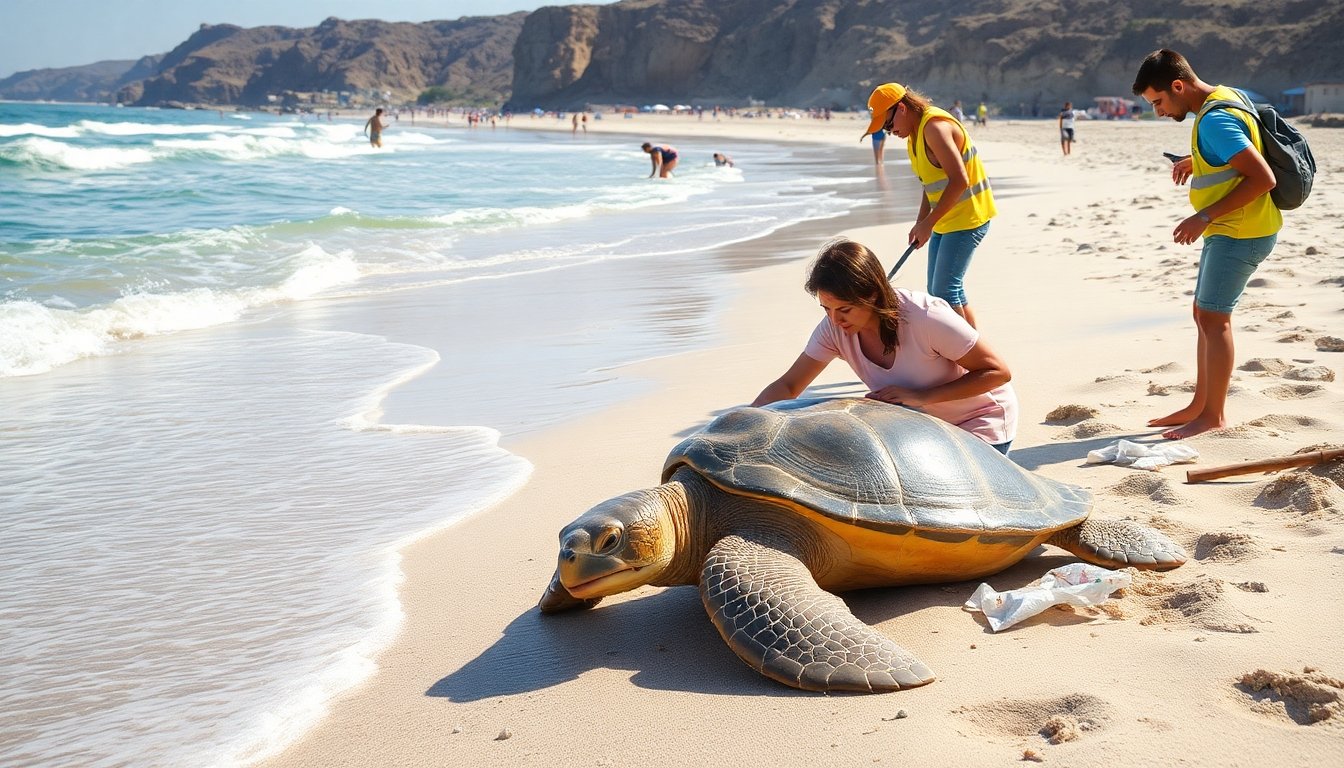 Voluntarios participando en una limpieza de playa para proteger tortugas