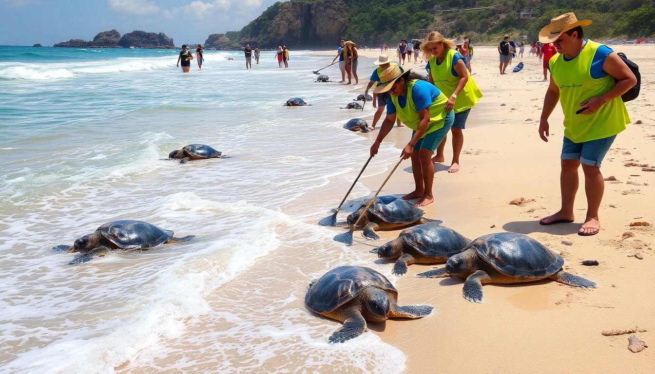 Volunteers limpiando playa para proteger tortugas