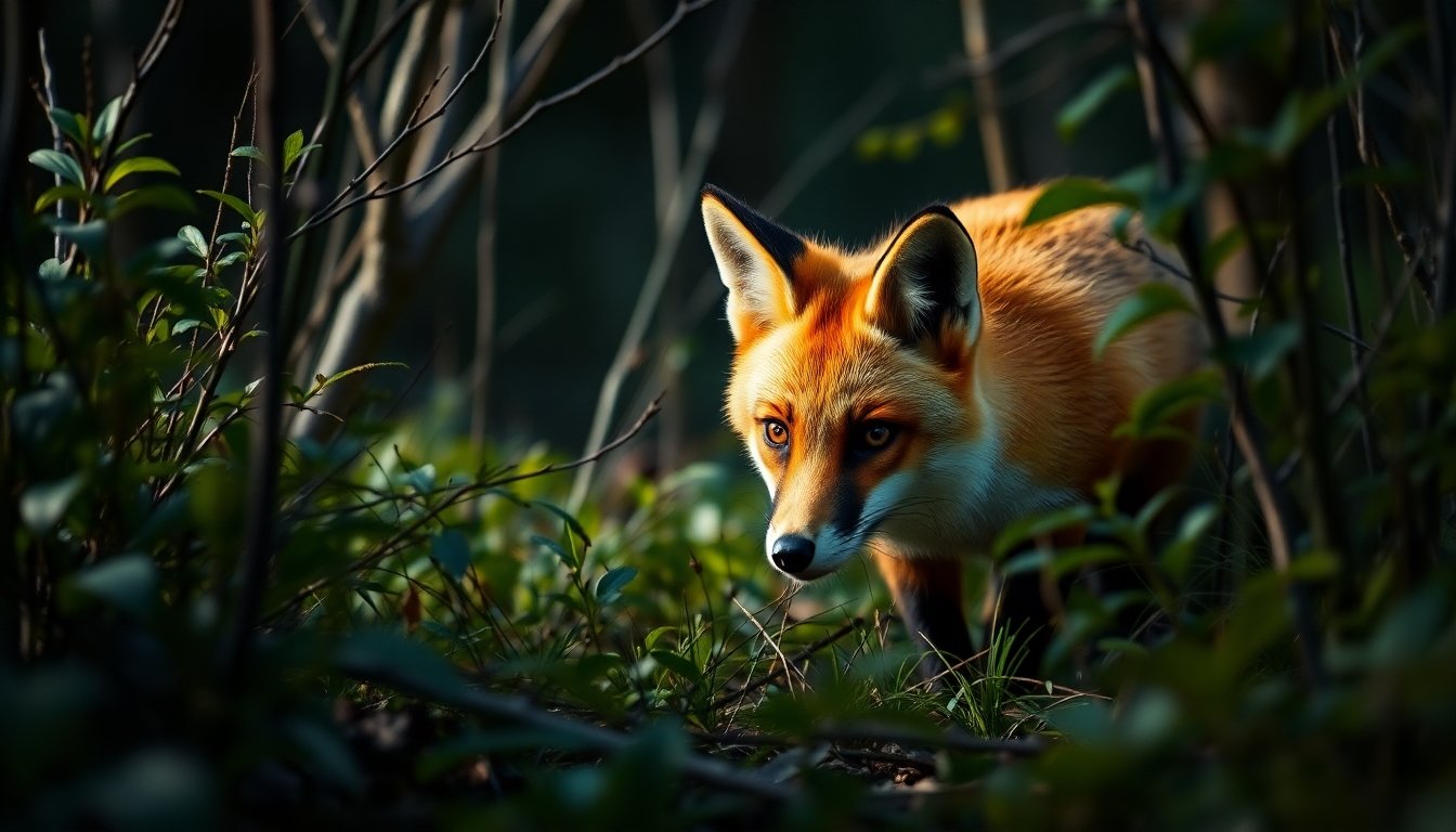 Zorro cazando en el bosque