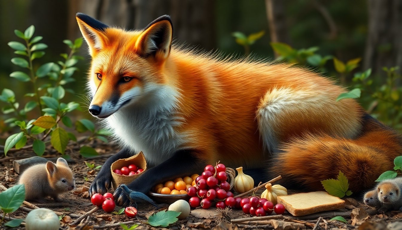 Zorro comiendo en el bosque