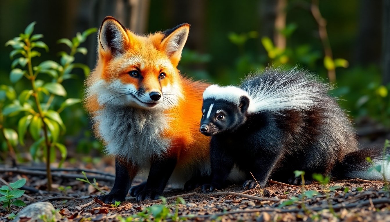 Zorro y zorrino en su hábitat